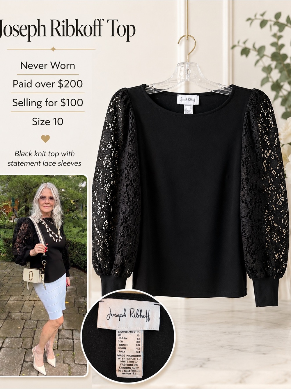 Joseph Ribkoff Black Lace Puff-Sleeve Knit Top